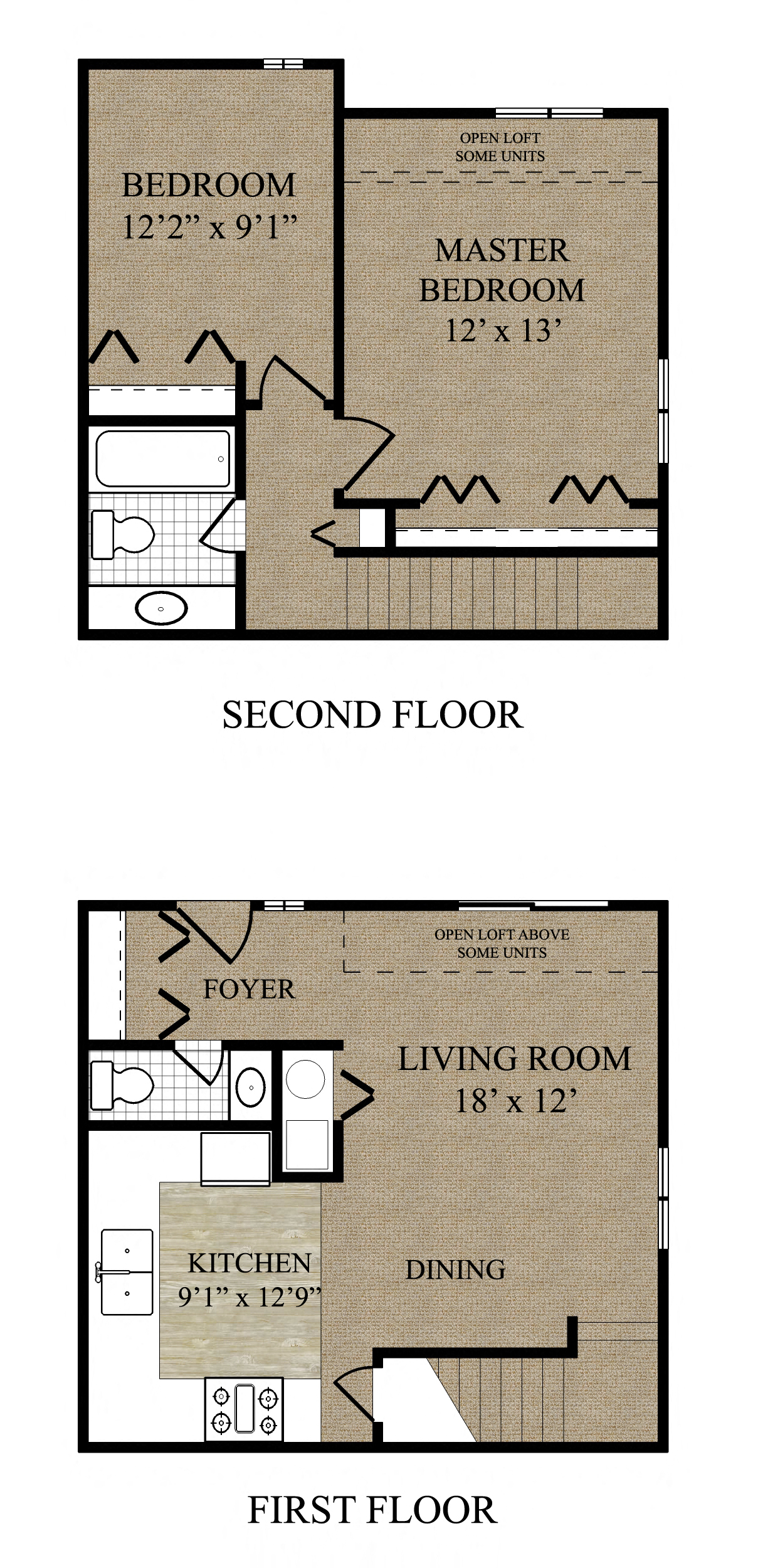 Floor plan for 2 beds, 1.5 baths, 1000 sqft